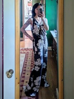 Tokyo Darling Black and White Floral V-Neck Wide-Leg Jumpsuit
